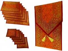 Indian Silk Table Runner with 6 Placemats & 6 Coaster in Orange Color Size 16x62